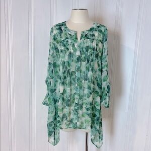 🌿 CHAUS NEW YORK Green Floral Sheer Blouse – Size L